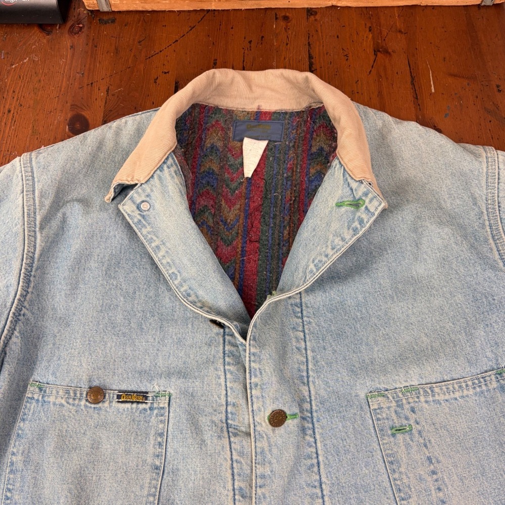 Vintage 80s OshKosh BGosh Blanket Lined Denim Chore Jacket USA Made Workwear 46R - Picture 2 of 15